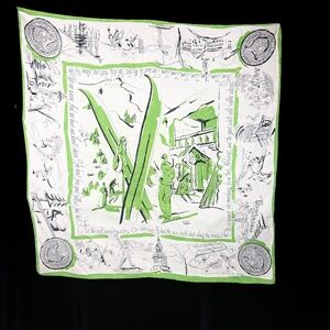 1949 Dartmouth College Silk Scarf Lg Square Green and White with Winter Scenes